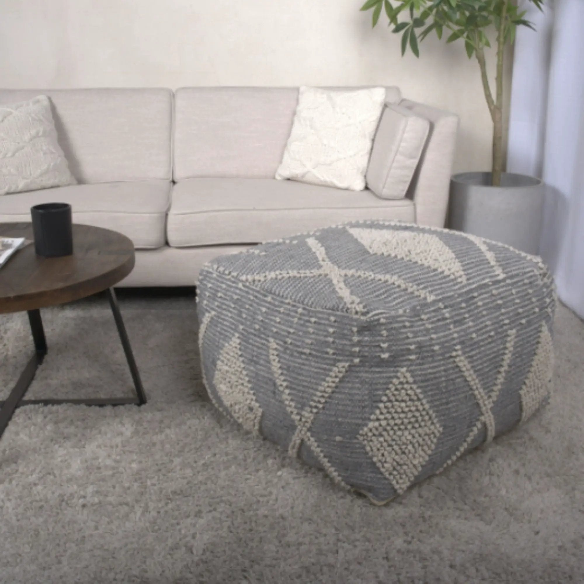 Diamond - Handcrafted Faux Yarn Pouf - Ivory / Gray by HouseOfZazla