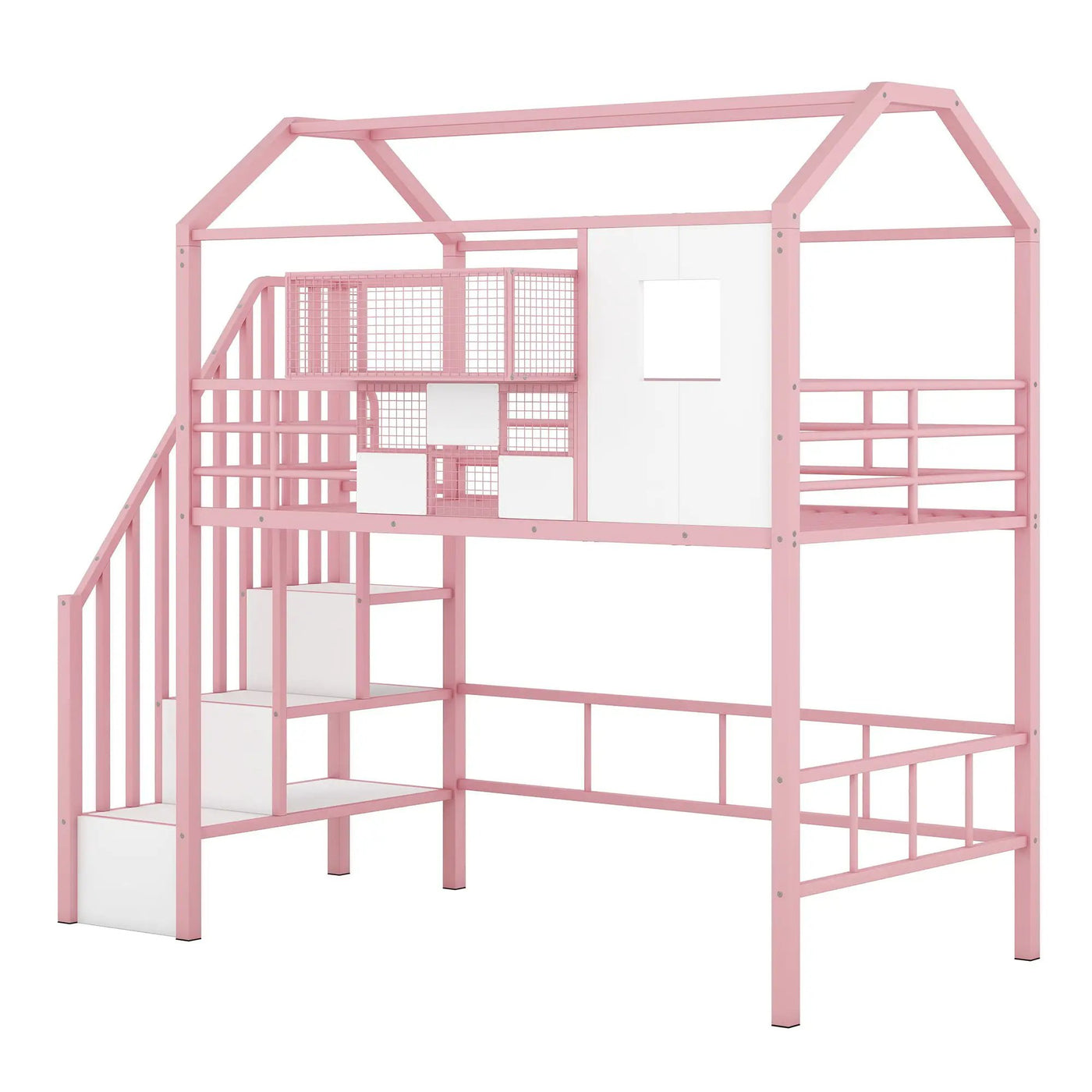 Metal Loft Bed With Roof Design And Storage Box With Guardrails And Integrated Ladder by HouseOfZazla