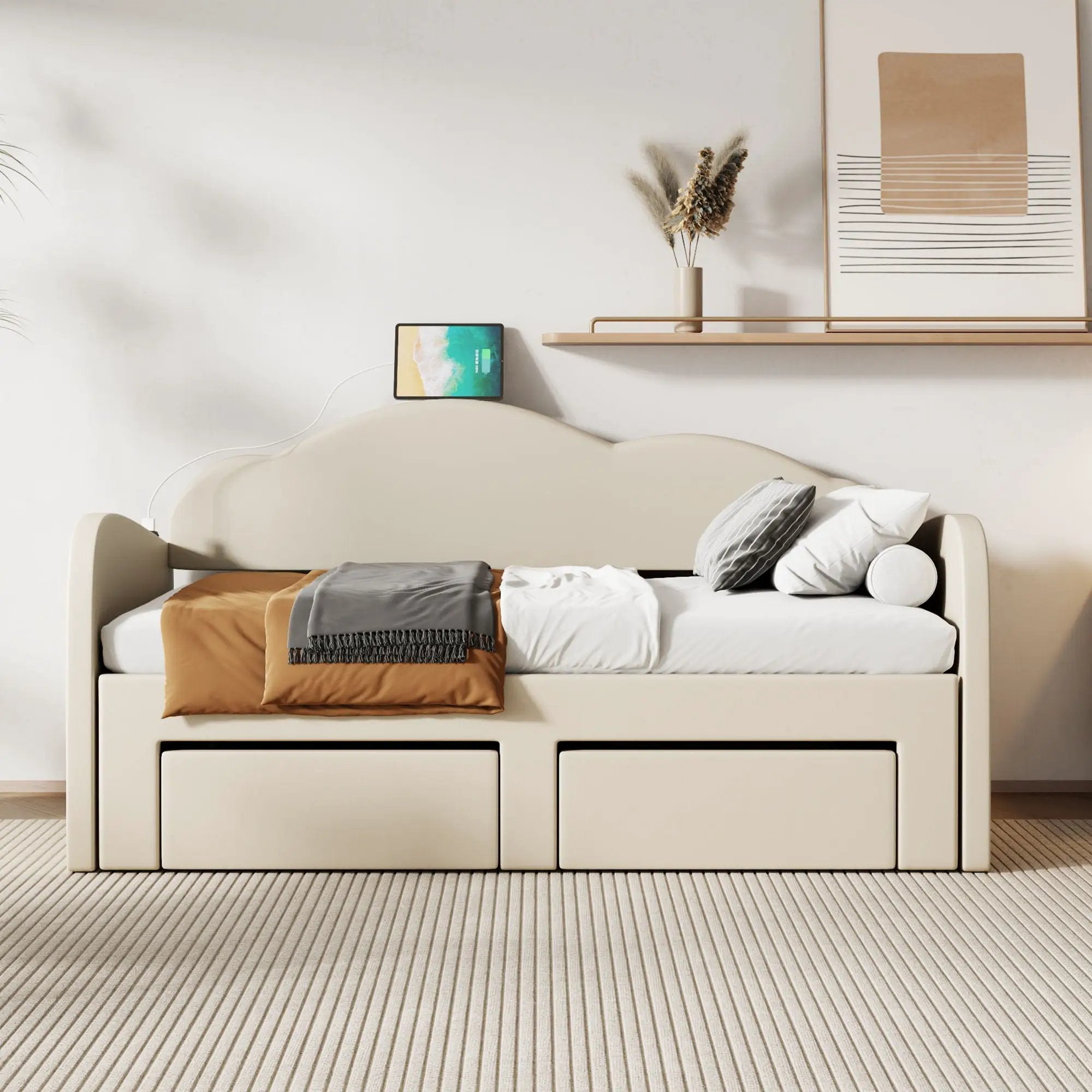 Upholstered Daybed With Cloud-Shaped Backrest, Trundle & 2 Drawers And USB Ports by HouseOfZazla
