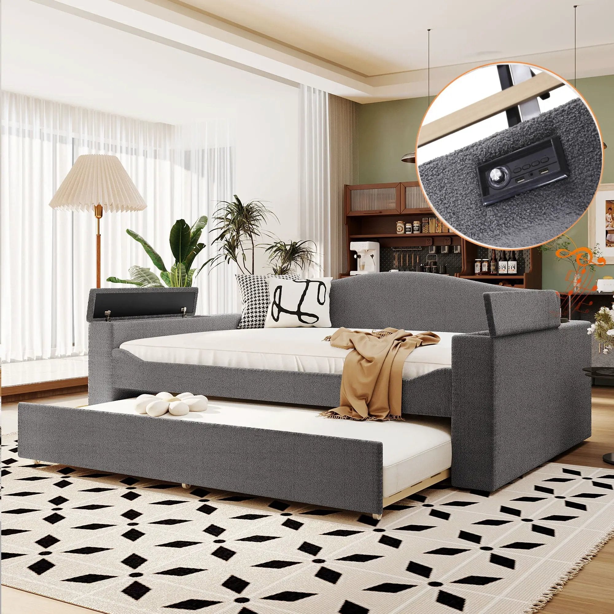 Upholstered Daybed With Storage Armrests, Trundle And Latest Integrated tooth Audio System by HouseOfZazla