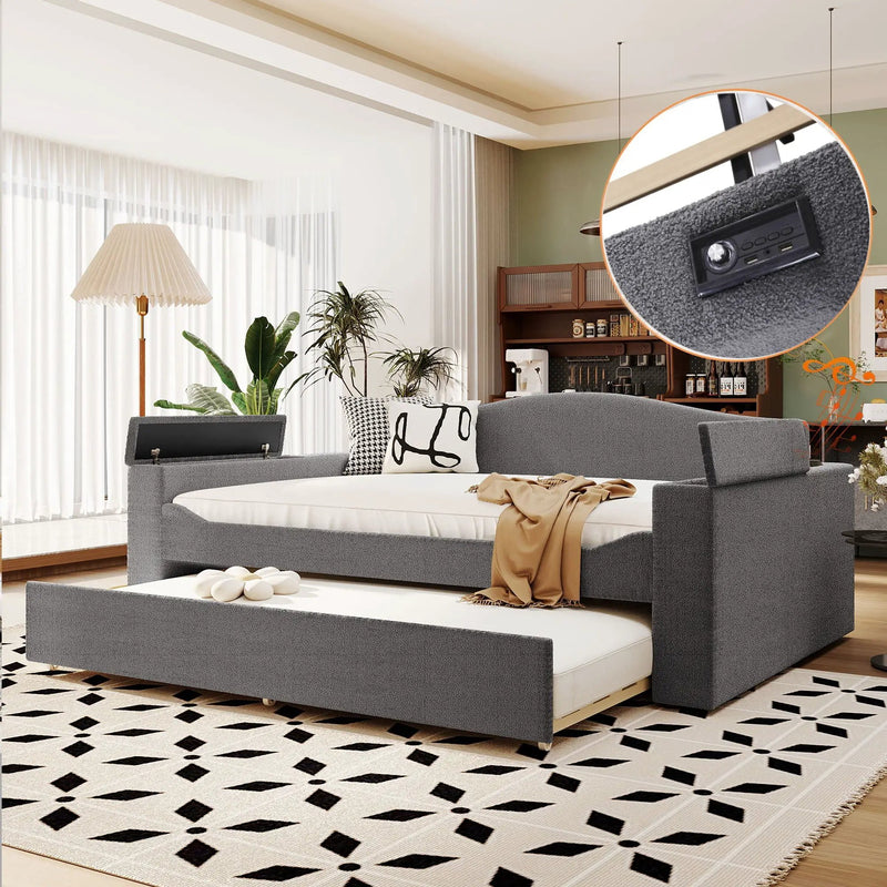 Upholstered Daybed With Storage Armrests, Trundle And Latest Integrated tooth Audio System by HouseOfZazla