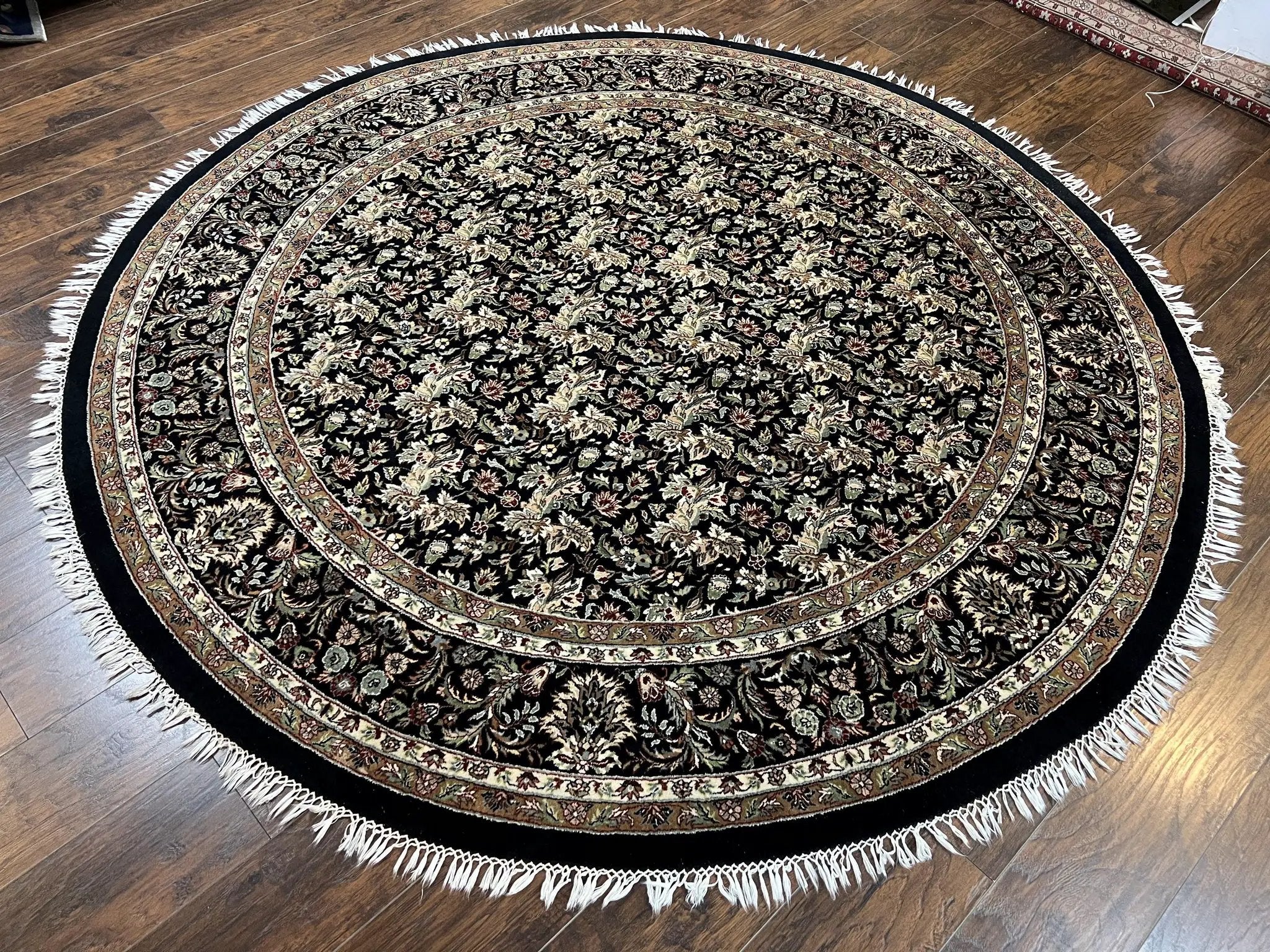 Round Oriental Rug 8x8 ft, William Morris Floral Pattern Carpet, 8 x 8 ft Round Rug, Black Cream and Tan 8ft Round Handmade Indo Persian Rug by Jewel Rugs