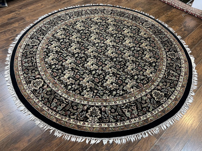 Round Oriental Rug 8x8 ft, William Morris Floral Pattern Carpet, 8 x 8 ft Round Rug, Black Cream and Tan 8ft Round Handmade Indo Persian Rug by Jewel Rugs