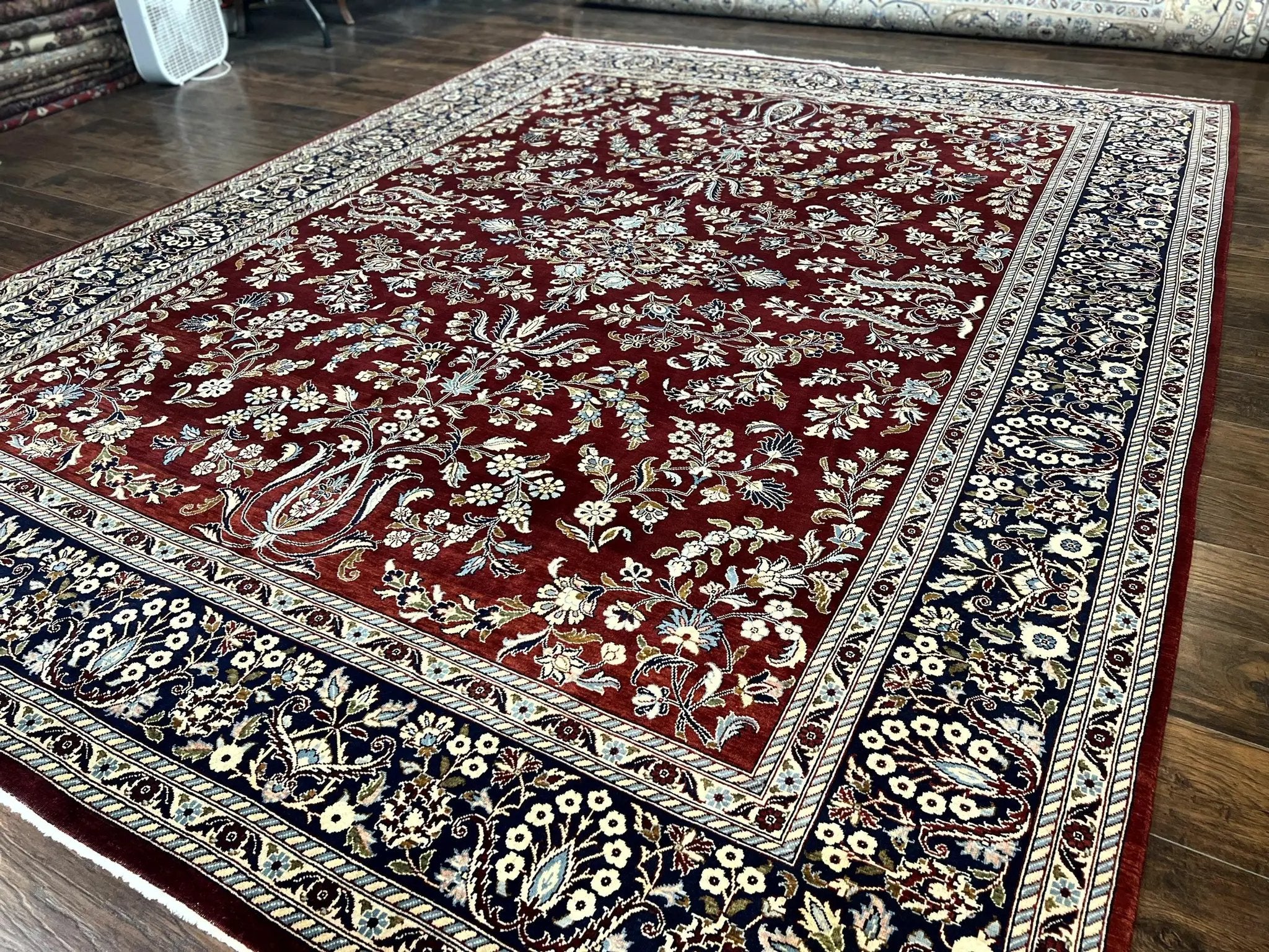 Indo Persian Sarouk Rug 9x12, Floral Allover, Dark Red & Navy Blue, Handmade Vintage Wool Carpet by Jewel Rugs
