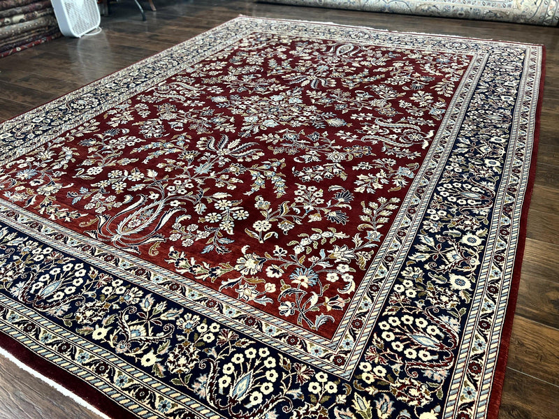 Indo Persian Sarouk Rug 9x12, Floral Allover, Dark Red & Navy Blue, Handmade Vintage Wool Carpet by Jewel Rugs
