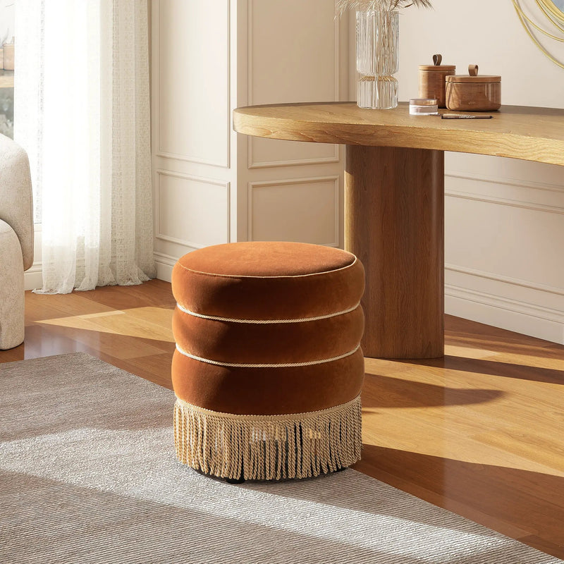 Edward 17.5" Round Upholstered Ottoman with Bullion Fringe Burnt by HouseOfZazla