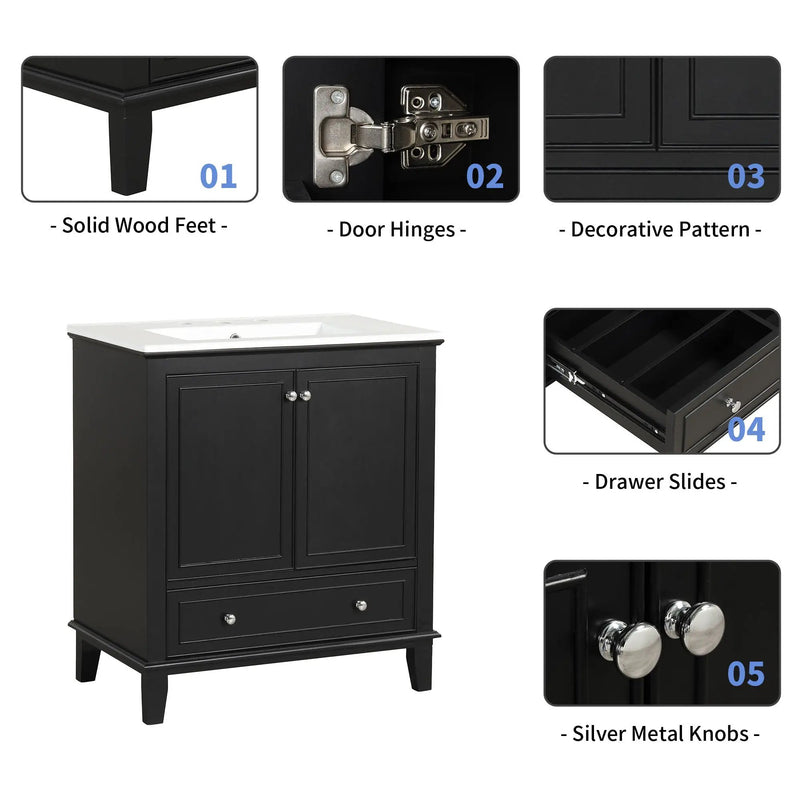 30" Bathroom Vanity With Sink Combo, Multi Functional Bathroom Cabinet With Doors And Drawer - Black by HouseOfZazla