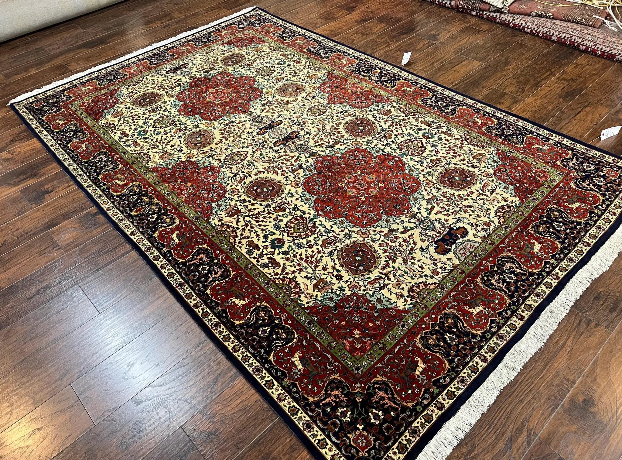 Wonderful Sino Persian Rug 6x10 with Animal Pictorial Motifs, Cream Dark Red Navy Blue, Birds Gazelles, Two Medallions, Top Quality Handmade by Jewel Rugs