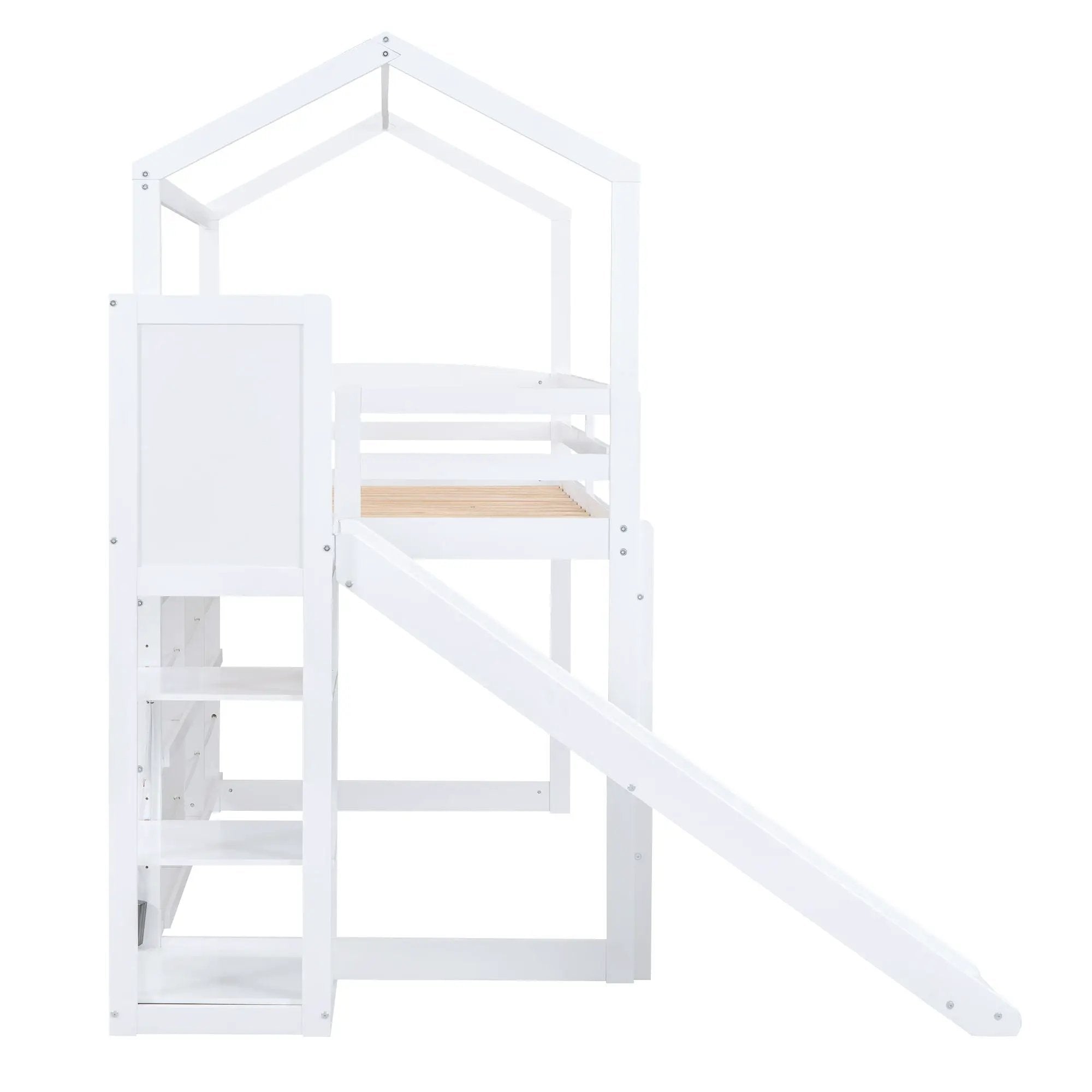 House Loft Bed With Slide, Storage Shelves And Light, Climbing Ramp by HouseOfZazla