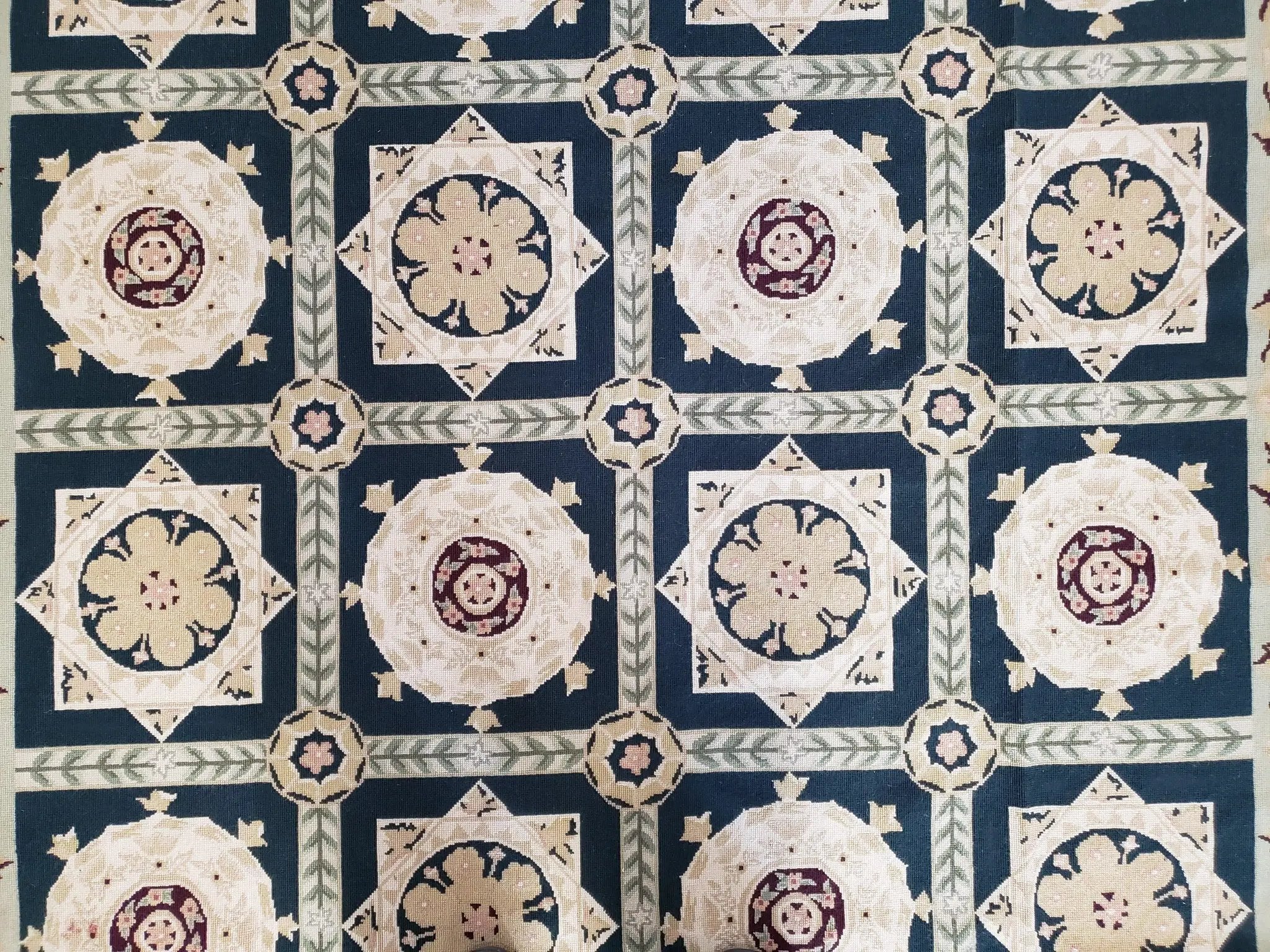 Vintage Chinese Needlepoint Rug 6x9, Panel Design Area Rug Wool Hand-Woven Black & Ivory Carpet Flat Weave Bedroom Rug 6 x 9 Living Room Rug by Jewel Rugs