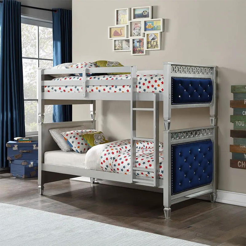 Varian - Twin Over Twin Bunk Bed - Blue Velvet & Silver by Unique Piece Furniture
