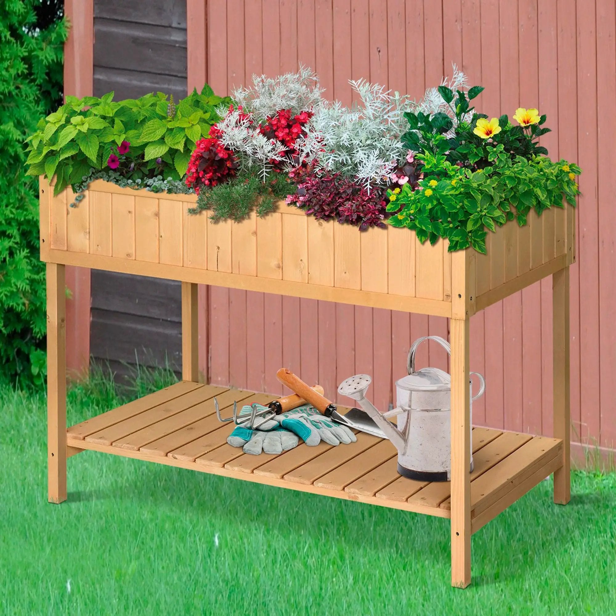 Outsunny 43" Wooden Raised Garden Bed with 8 Pockets and Shelf by HouseOfZazla