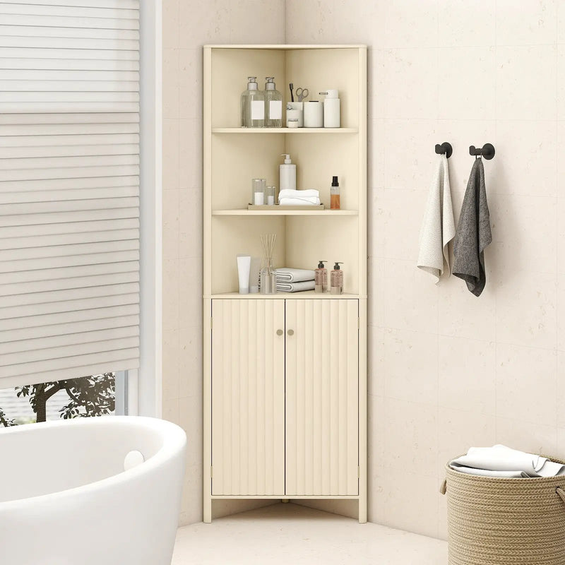 68 Inch Tall Corner Cabinet with 5 Shelves and 2 Fluted Doors for Bathroom-Beige by DirectDeals