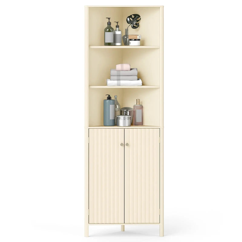 68 Inch Tall Corner Cabinet with 5 Shelves and 2 Fluted Doors for Bathroom-Beige by DirectDeals