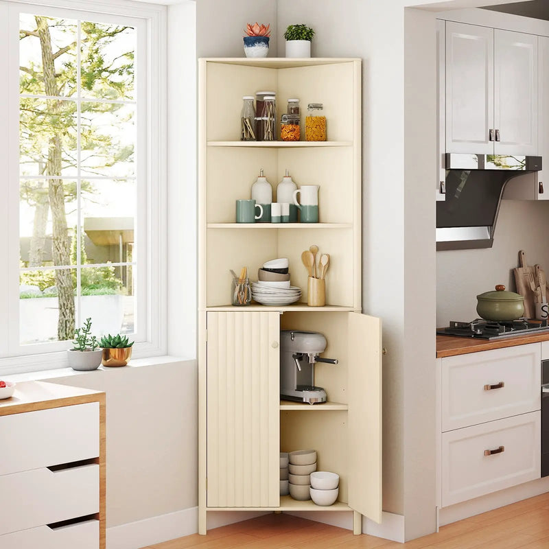 68 Inch Tall Corner Cabinet with 5 Shelves and 2 Fluted Doors for Bathroom-Beige by DirectDeals