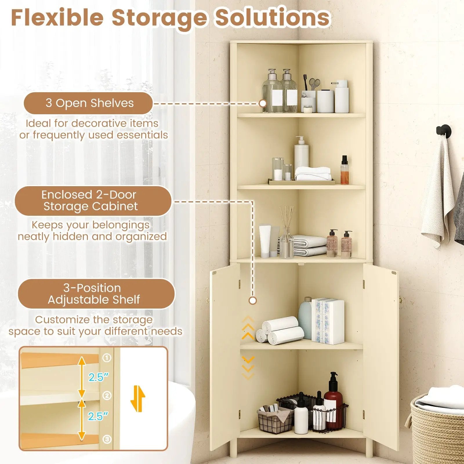68 Inch Tall Corner Cabinet with 5 Shelves and 2 Fluted Doors for Bathroom-Beige by DirectDeals