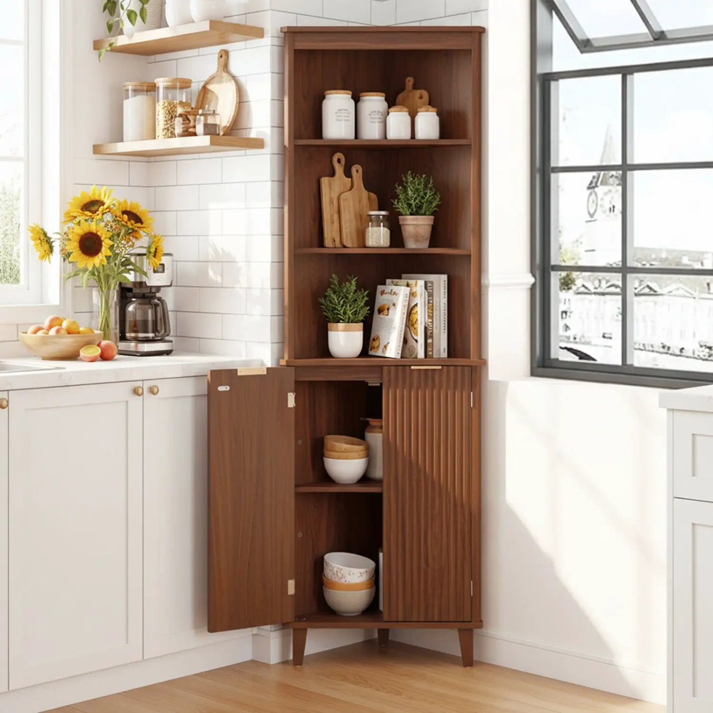 68 Inch Tall Corner Cabinet with Fluted Doors for Bathroom by DirectDeals