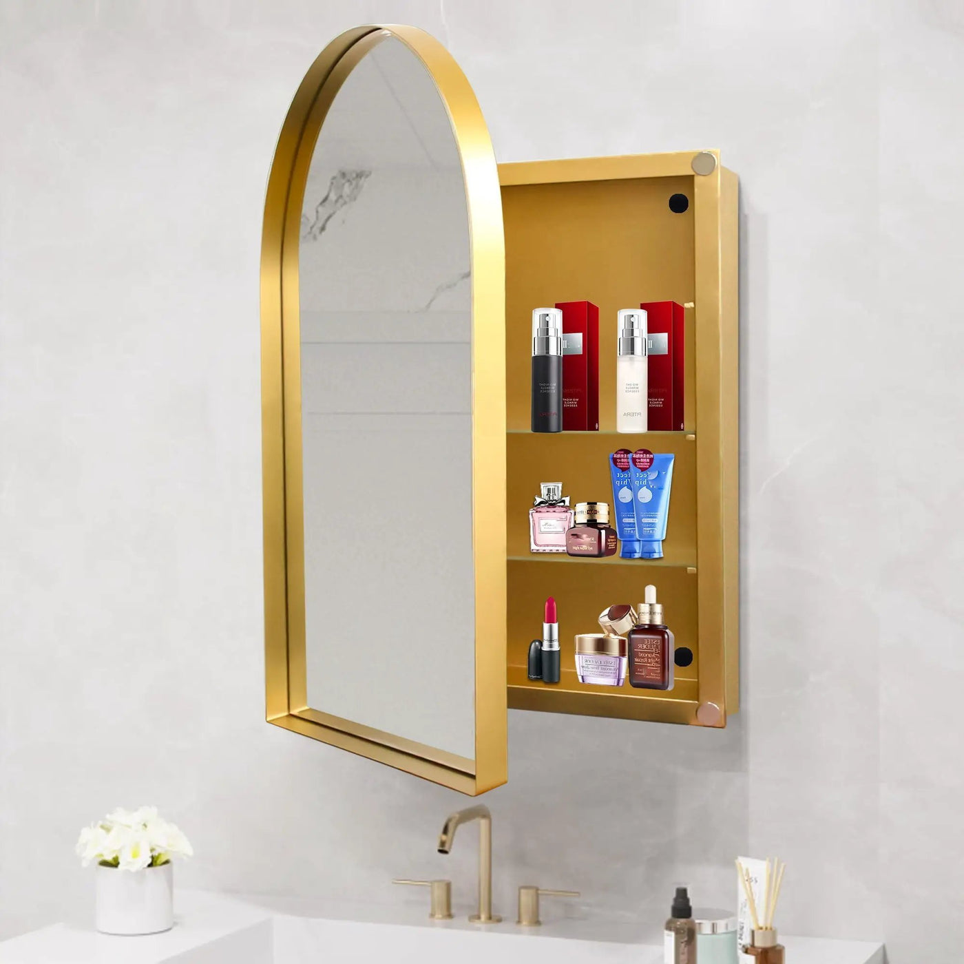 Arched Recessed Medicine Cabinet, Metal Framed Bathroom Wall Cabinet With Mirror And Adjustable Shelves, Wall Mirror With Storage For Bathroom by HouseOfZazla