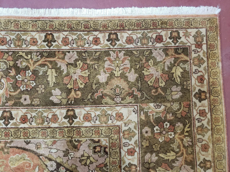 Indo Persian Rug 8x10, Vintage Indian Rug 8 x 10, Fine Hand-Knotted Wool Rug, Rose Clay Red Beige Brown Handmade Area Rug, Floral Medallion by Jewel Rugs