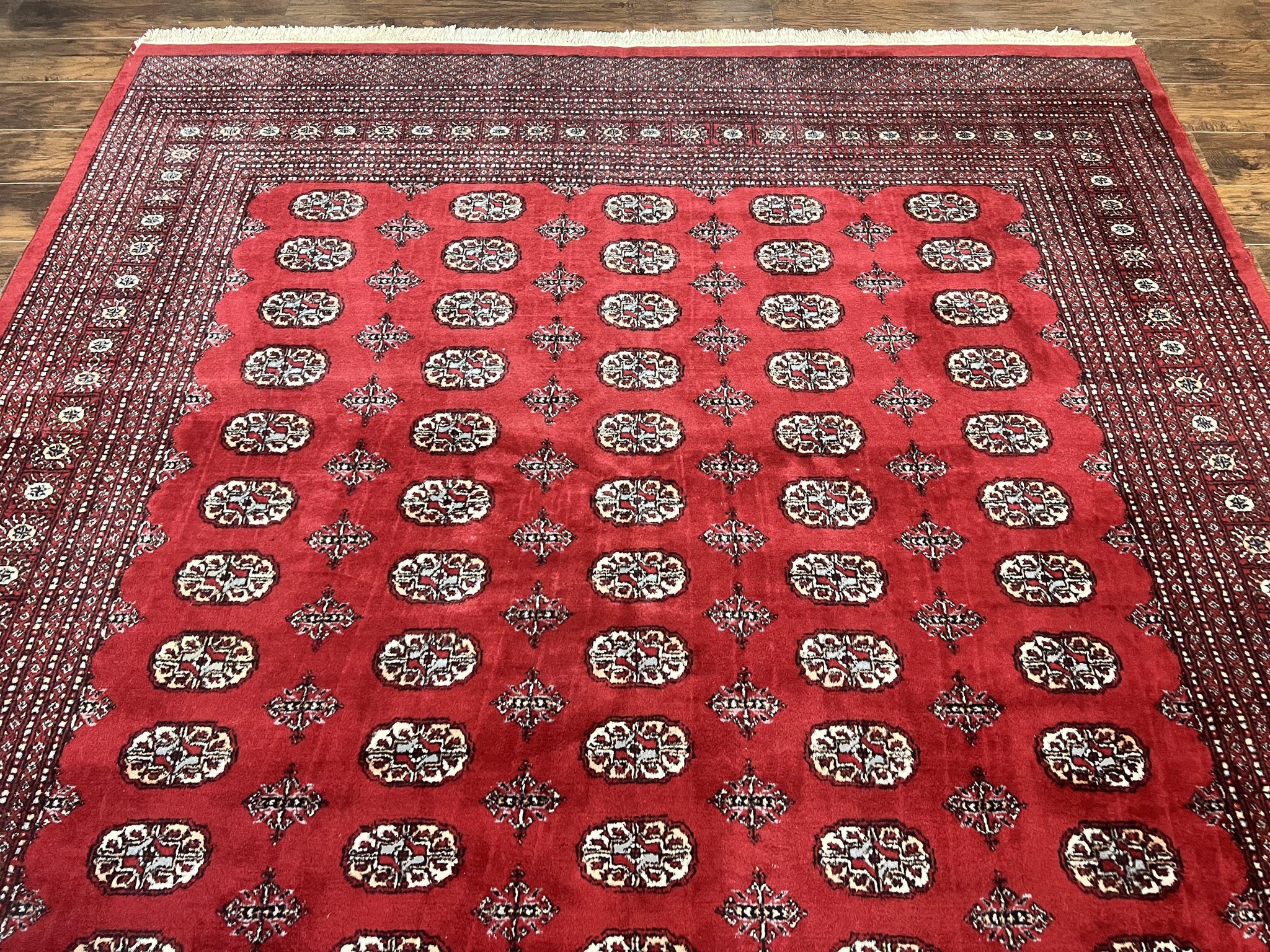Turkoman Rug 8 x 11.6, Red Bokhara Pakistani Carpet, Wool Handmade Vintage Rug by Jewel Rugs
