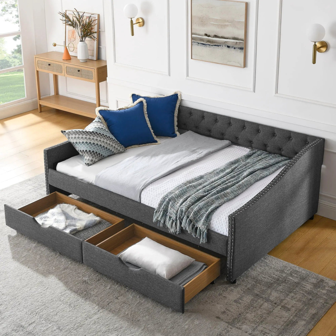 Upholstered Tufted Daybed With Drawers, Waved Arms by HouseOfZazla