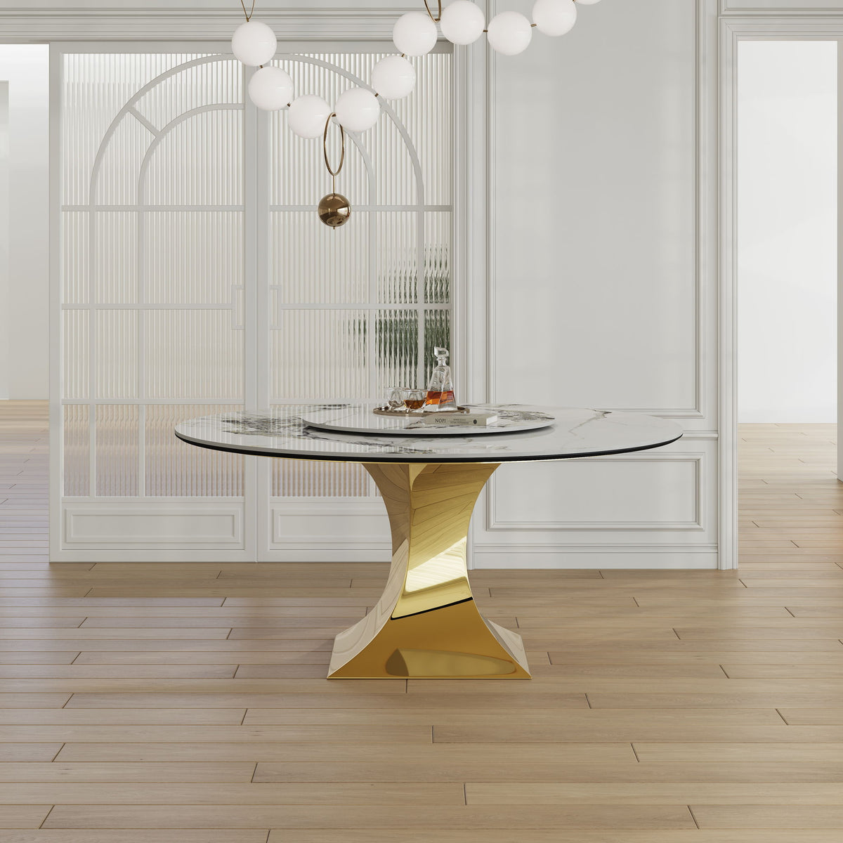 Luxury Round 59" Sintered Stone Dining Table with 360° Rotating Lazy Susan - Golden / White, photo 8 of 13