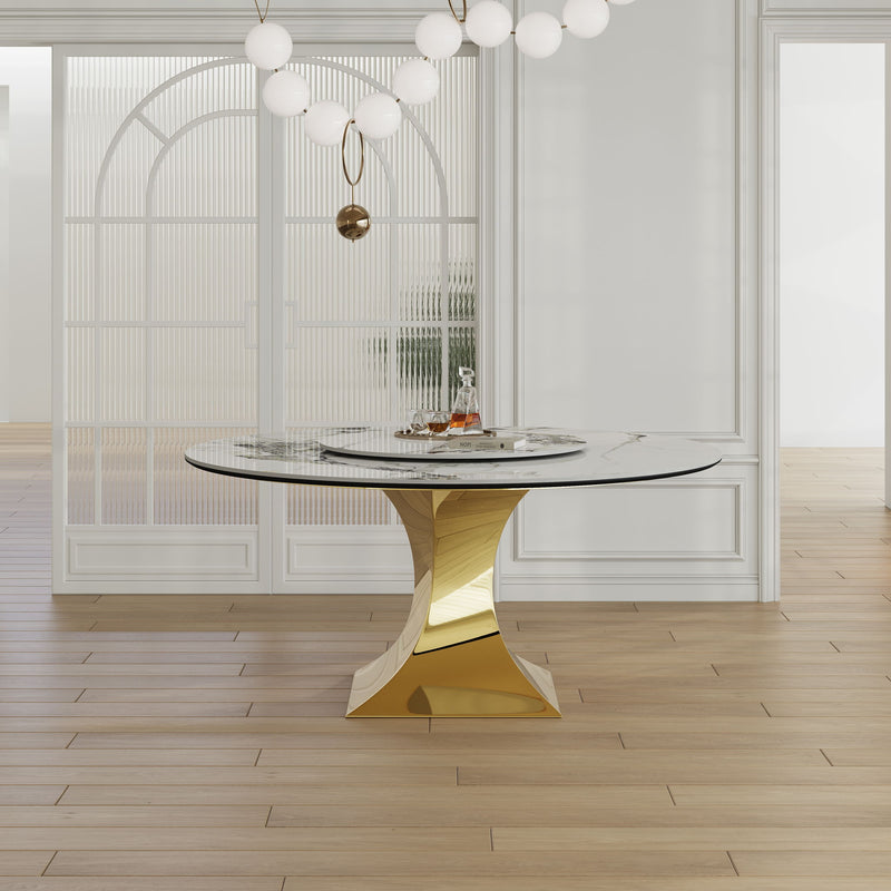 Luxury Round 59" Sintered Stone Dining Table with 360° Rotating Lazy Susan - Golden / White, photo 8 of 13
