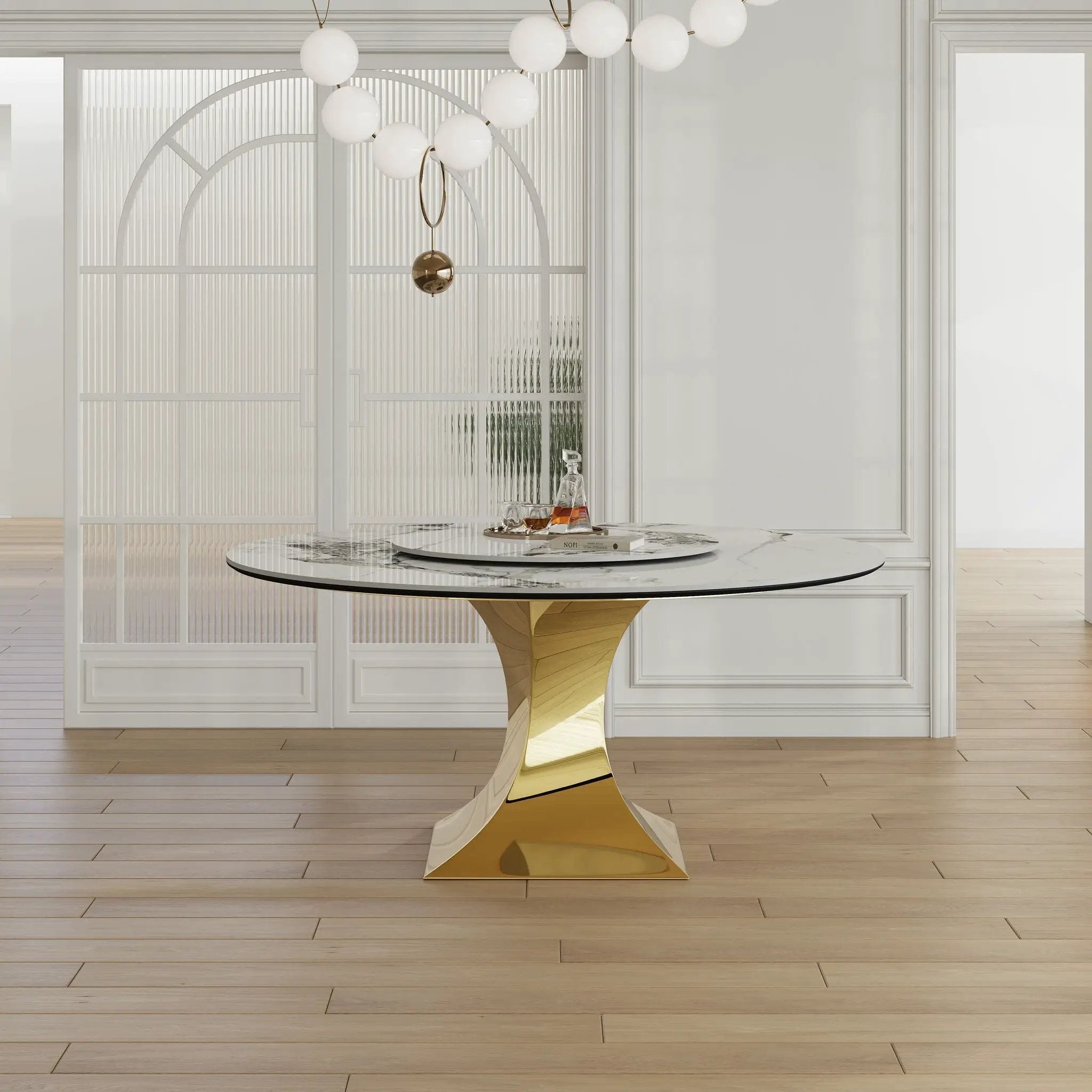 Luxury Round 59" Sintered Stone Dining Table With Stainless Steel Hourglass Base, Scratch & Heat Resistant Surface - Golden / White by HouseOfZazla