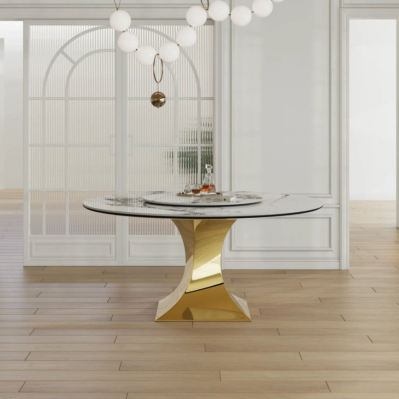 Luxury Round 59" Sintered Stone Dining Table With Stainless Steel Hourglass Base, Scratch & Heat Resistant Surface - Golden / White by HouseOfZazla