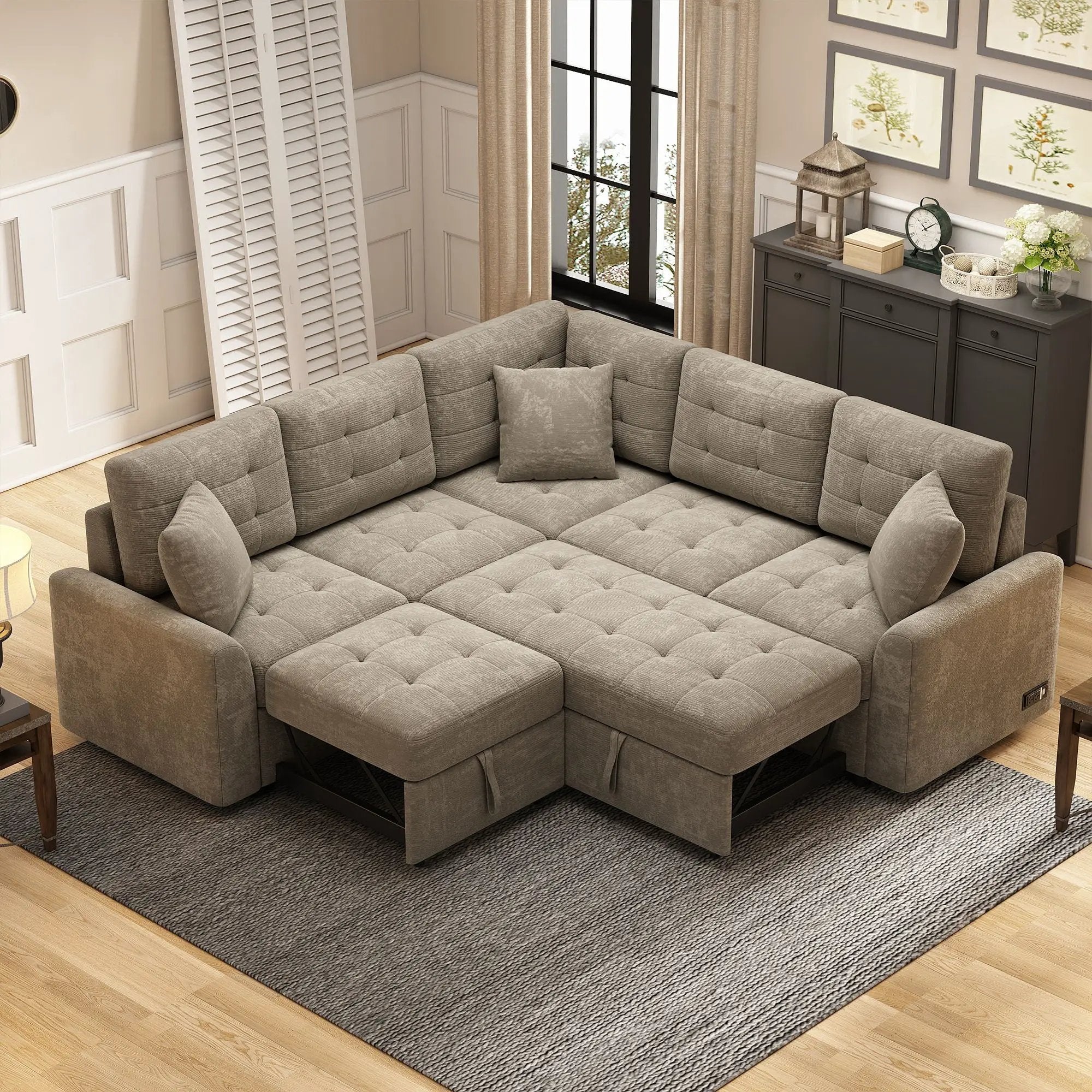 L-Shape Sofa Bed Pull-Out Sleeper Sofa With Wheels, USB Ports, Power Sockets For Living Room by Unique Piece Furniture