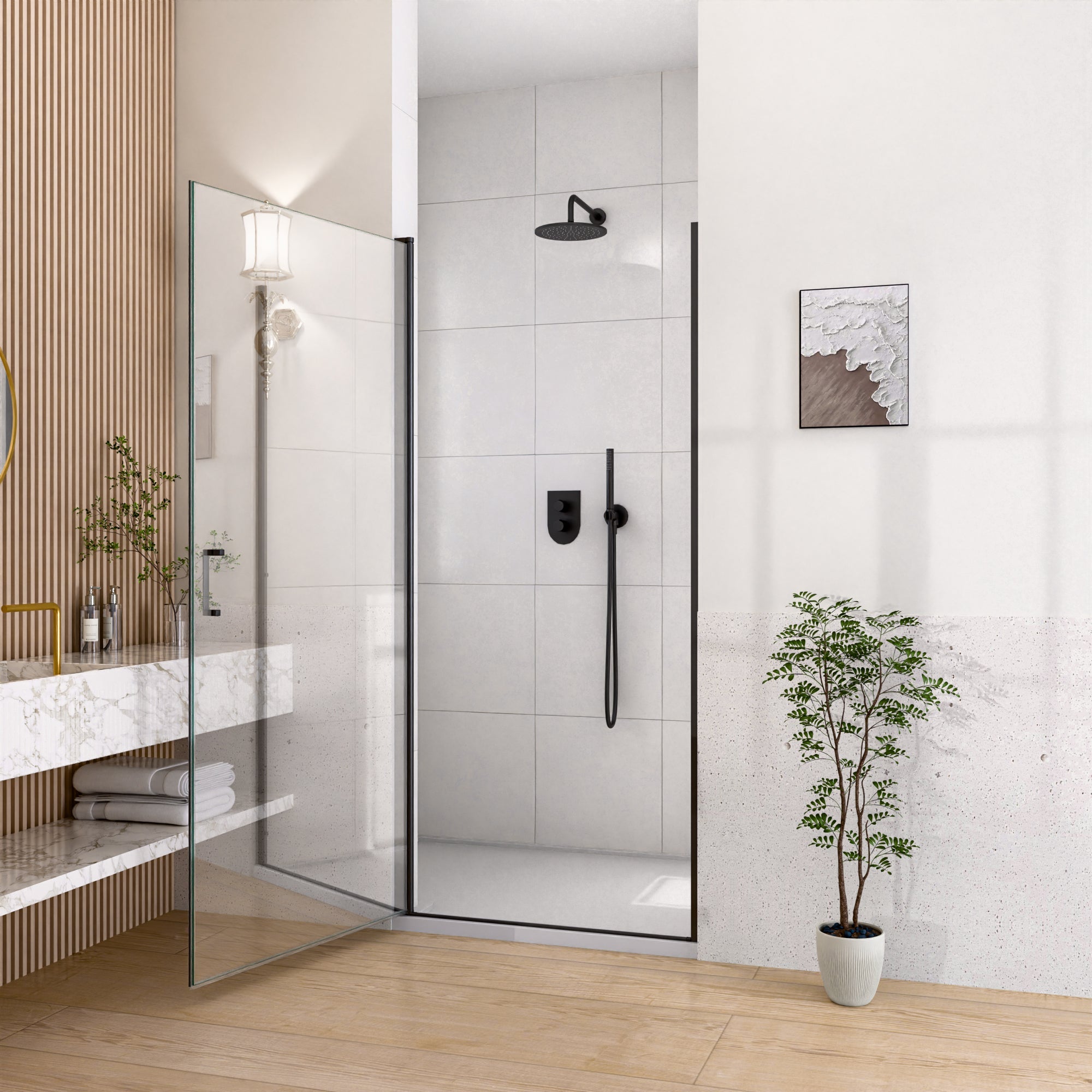 24" W x 72" H Semi-Frameless Circular Pivot Shower Door in Matte Black by HouseOfZazla