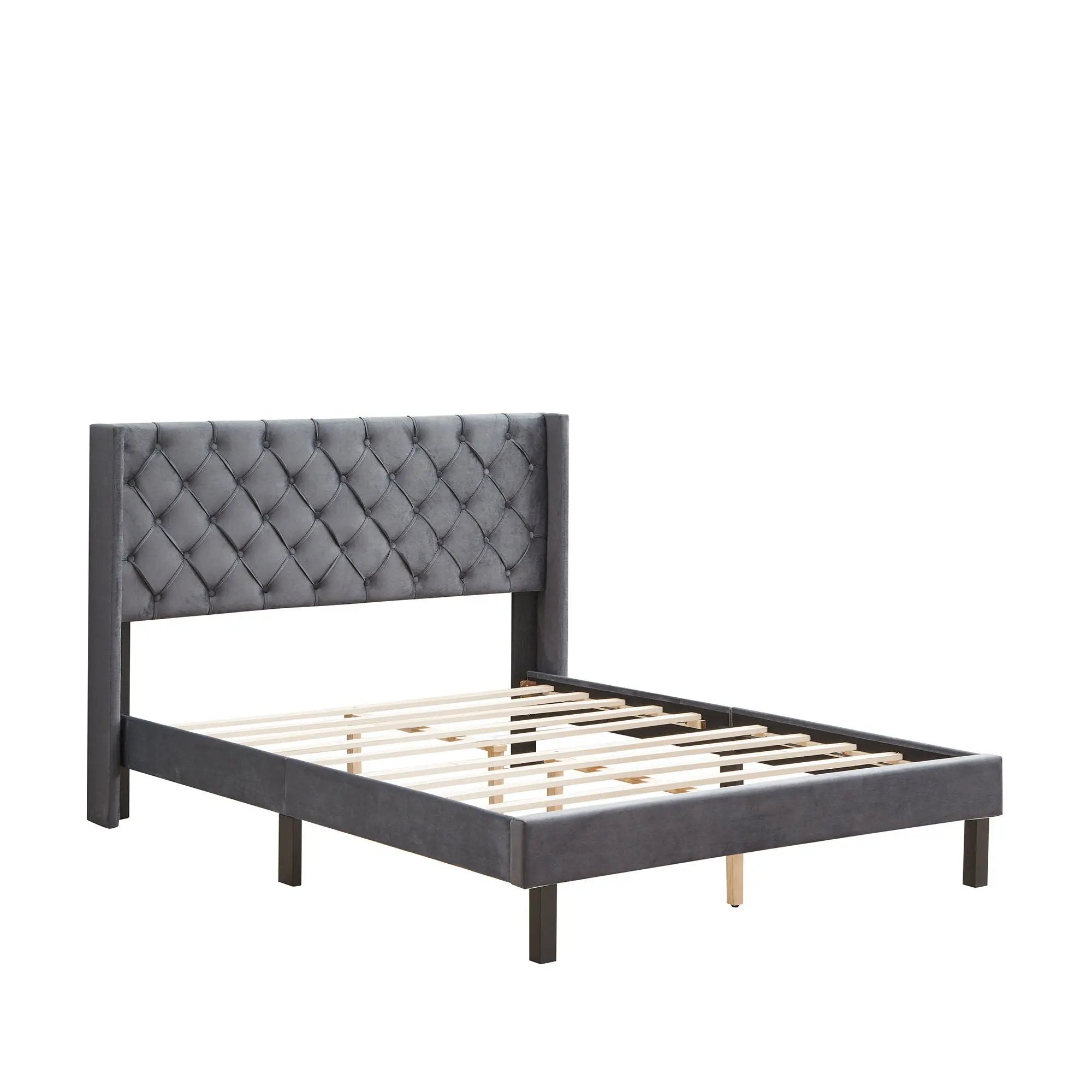 Velvet Button Tufted-Upholstered Bed With Wings Design Strong Wood Slat Support Queen Platform Bed - Gray by Unique Piece Furniture