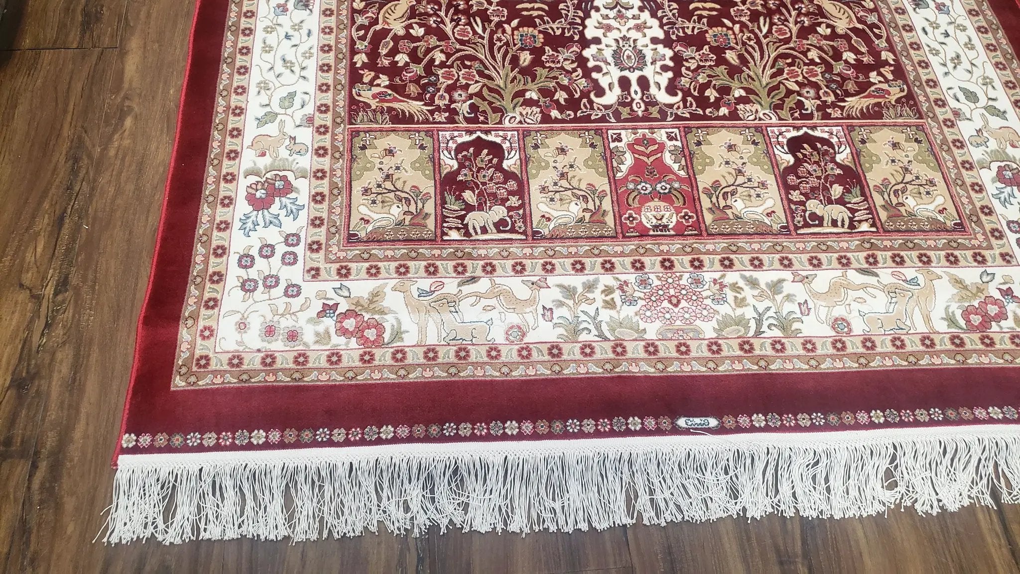 Silk Carpet 4x6 Dark Red & Cream, Tree of Life Rug, Animal Motifs, Birds Deer Rabbits, All Bamboo Silk, 4 x 6 Silk Area Rug by Jewel Rugs