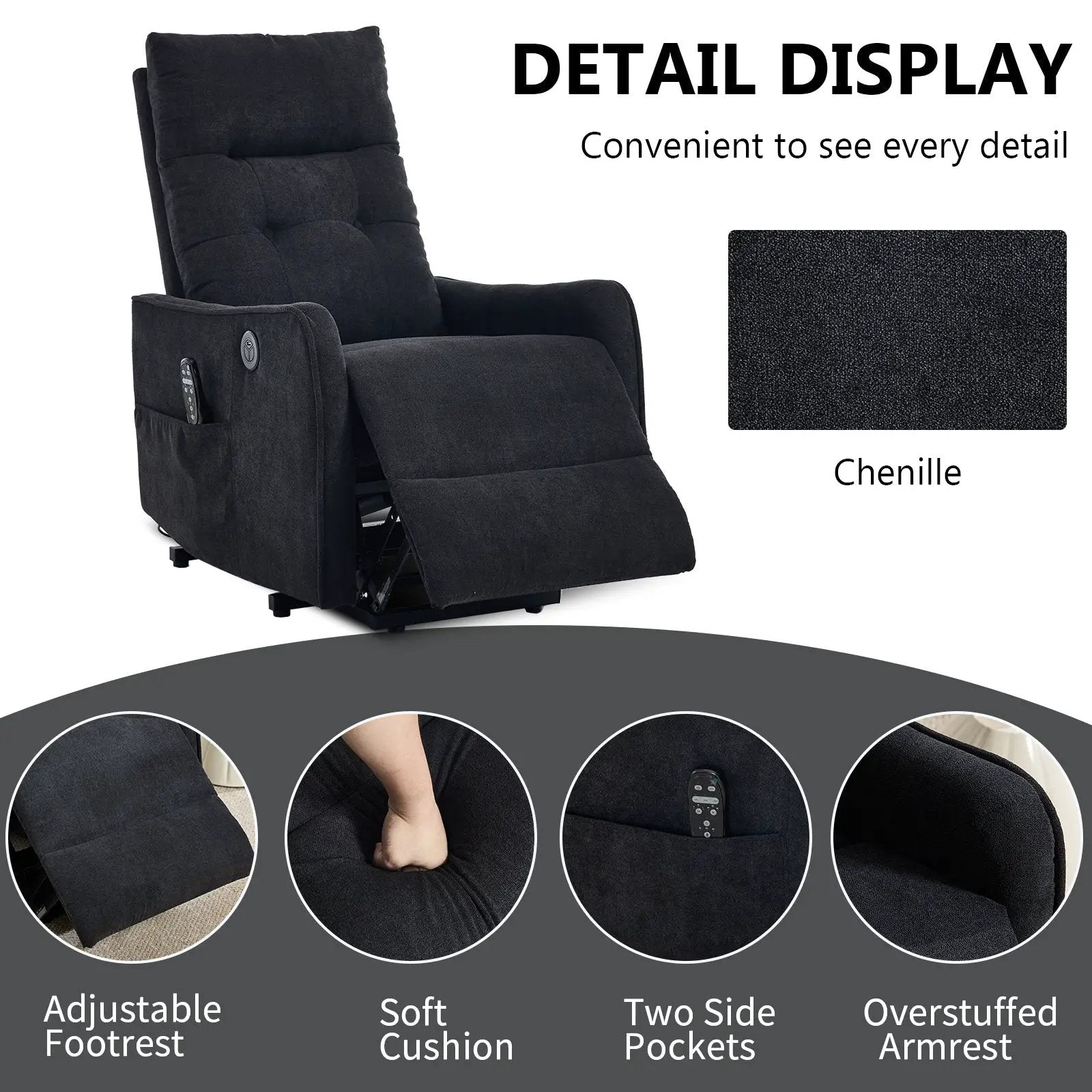 Black Chenille Single Motor Power Lift Recliner Chair by HouseOfZazla