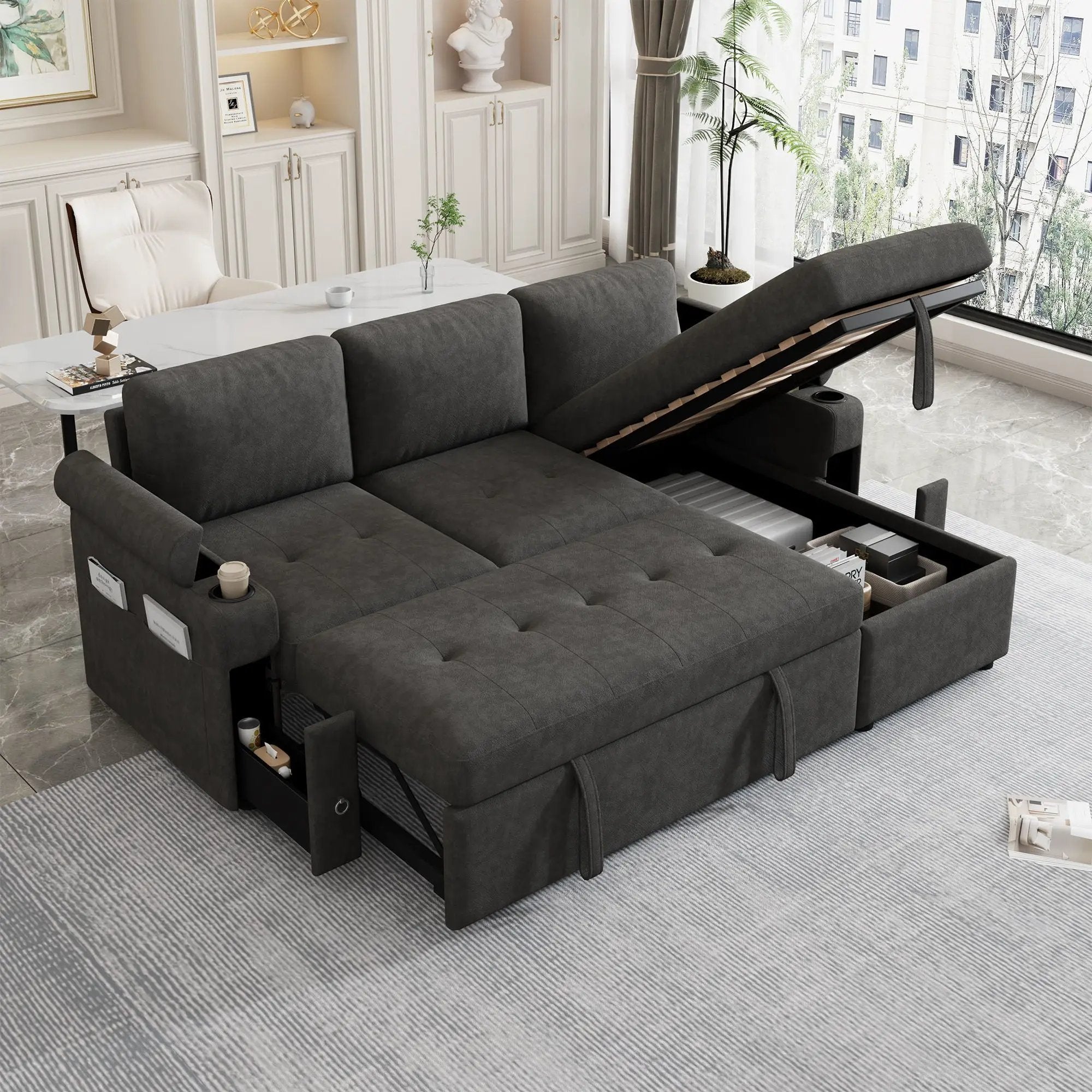 Convertible L Shaped Sofa Couch With Storage, Cup Holders, USB Ports by HouseOfZazla