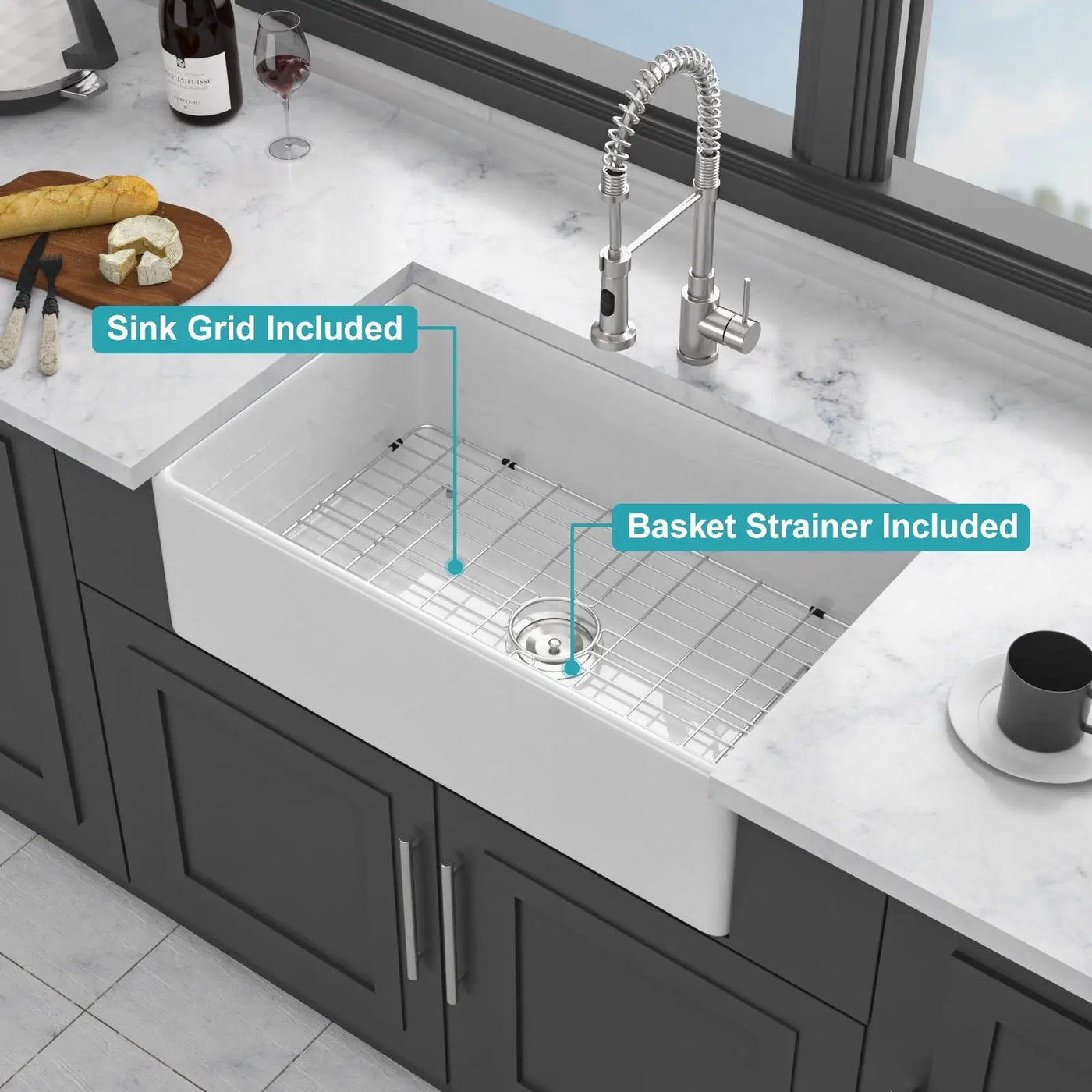 Ceramic Farmhouse Sink With Deep Basin And Stainless Steel Grid by HouseOfZazla