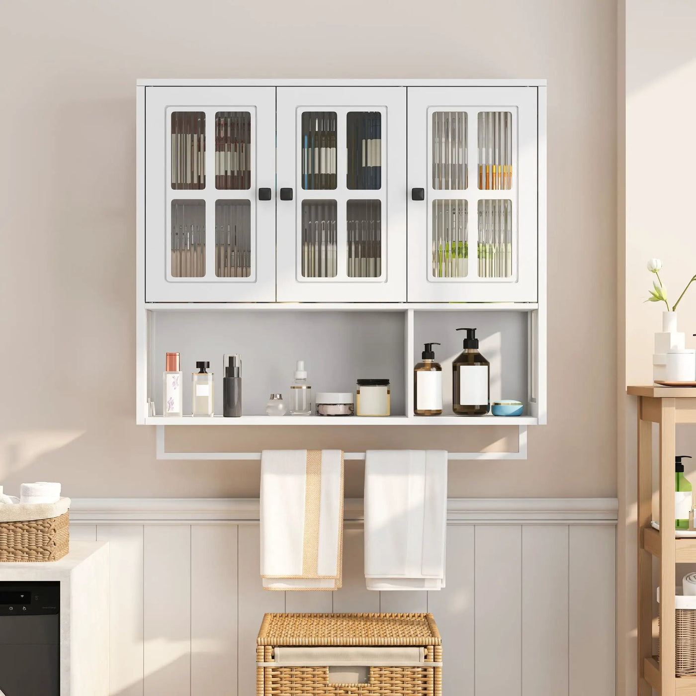 3 Door Wall Cabinet With Glass Door And Towel Bar by Unique Piece Furniture