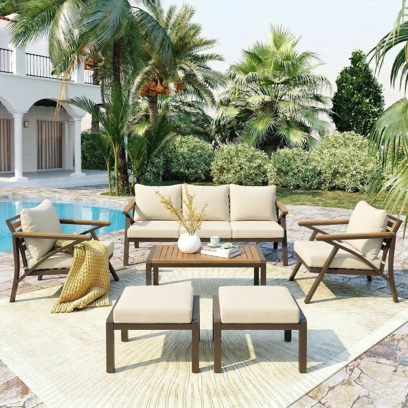 6-Piece Outdoor Patio Furniture Set with Steel Frame Sofa & Acacia Wood Table by HouseOfZazla