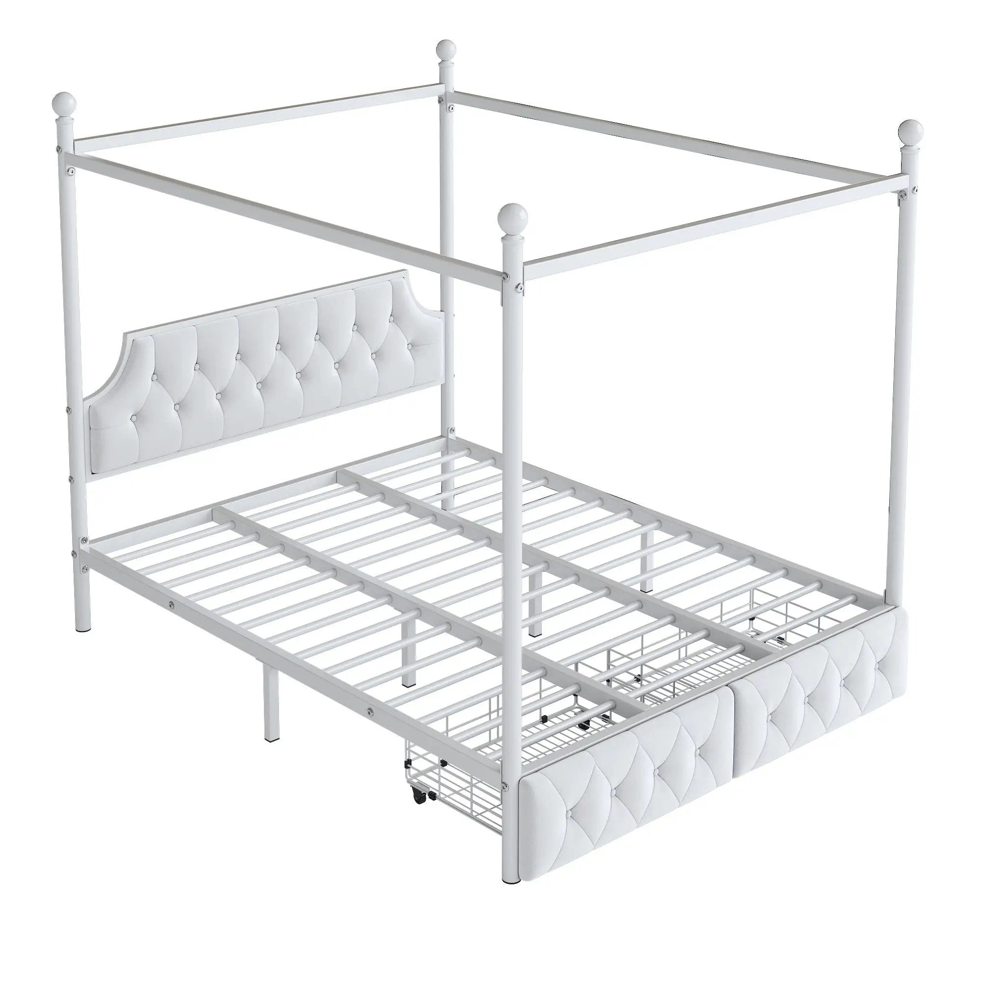 Queen Size Canopy Platform Bed With Upholstered Headboard And 2 Storage Drawers - White by HouseOfZazla