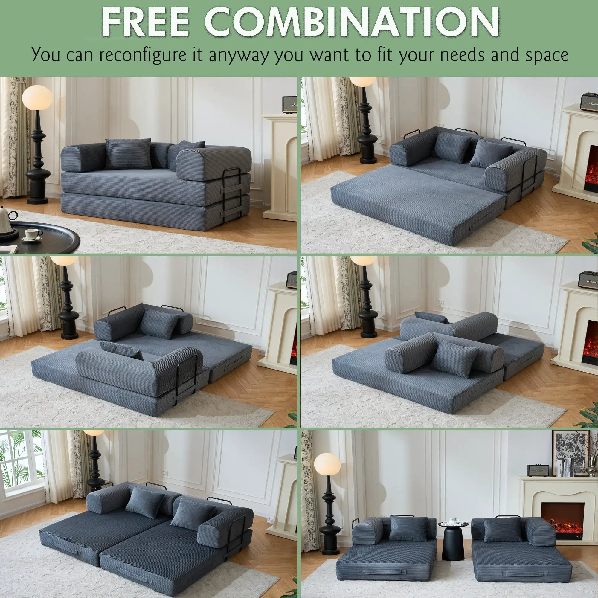 59" Convertible Sleeper Sofa Bed with Cylindrical Pillow - Gray by HouseOfZazla