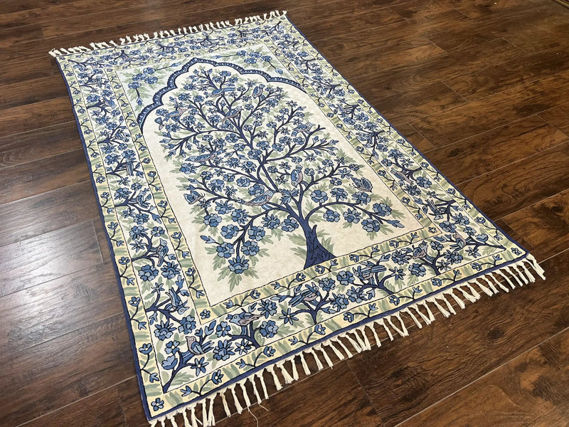 Tree of Life Indian Hand Stitched Rug 4x6, Indian Wall Hanging Rug, Ivory Blue, Silk on Cotton, Vintage by Jewel Rugs