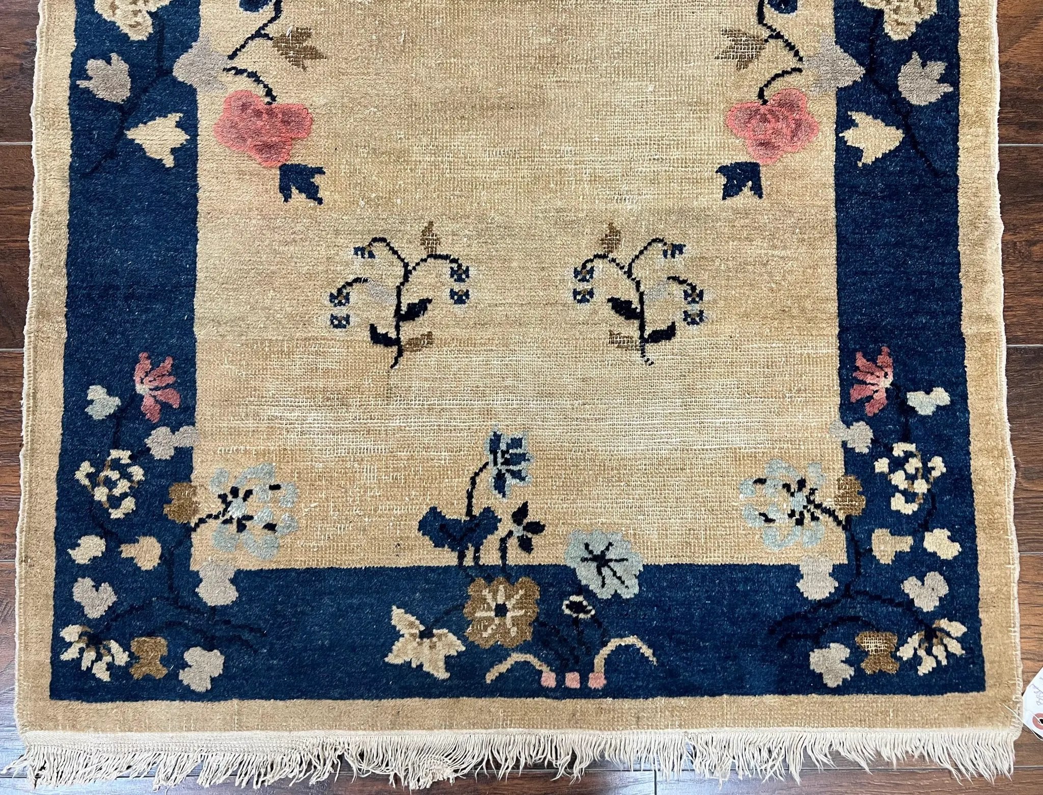 Antique Chinese Peking Rug 3x6, Beige and Dark Blue Hand Knotted Handmade Asian Oriental Carpet, Floral Vases, Vintage Wool Art Deco Rug by Jewel Rugs