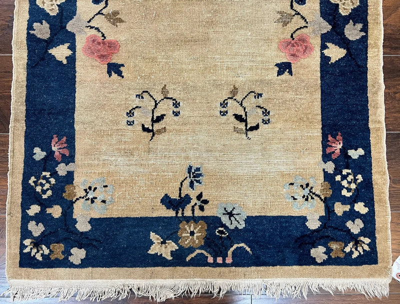 Antique Chinese Peking Rug 3x6, Beige and Dark Blue Hand Knotted Handmade Asian Oriental Carpet, Floral Vases, Vintage Wool Art Deco Rug by Jewel Rugs