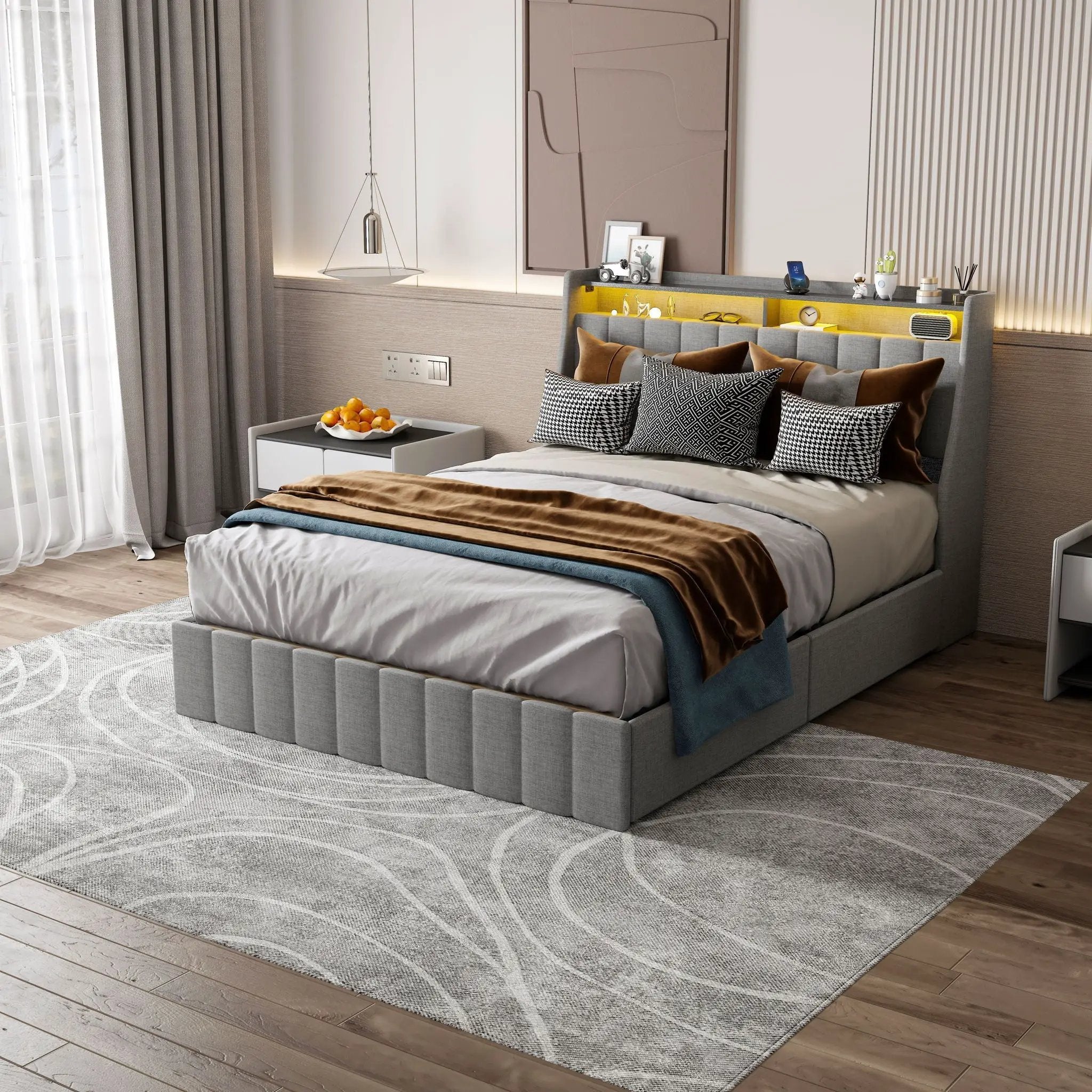 Queen Size Bed Frame With LED Lighting, Winged Headboard With Storage Drawers - Light Gray by Unique Piece Furniture