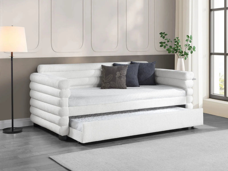 Patricia Boucle Upholstered Twin Day Bed with Trundle White by Unique Piece Furniture