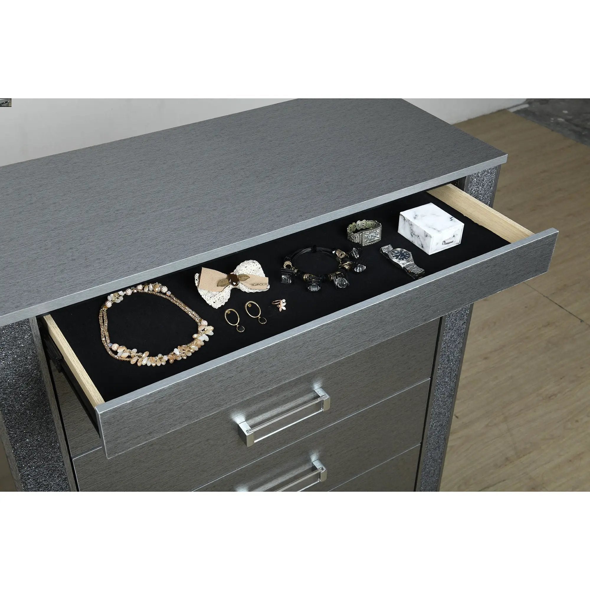 Lorenzo - Chest With Hidden Jewelry Compartment And Bar Handle - Silver by Unique Piece Furniture