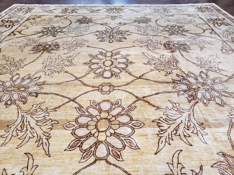 Oversized Peshawar Chobi Oushak Area Rug 11.6 x 12.5, Wool Hand-Knotted Light Gold & Ivory Decorative Pakistani Floral Carpet, 11x12 - 12x13 by Jewel Rugs