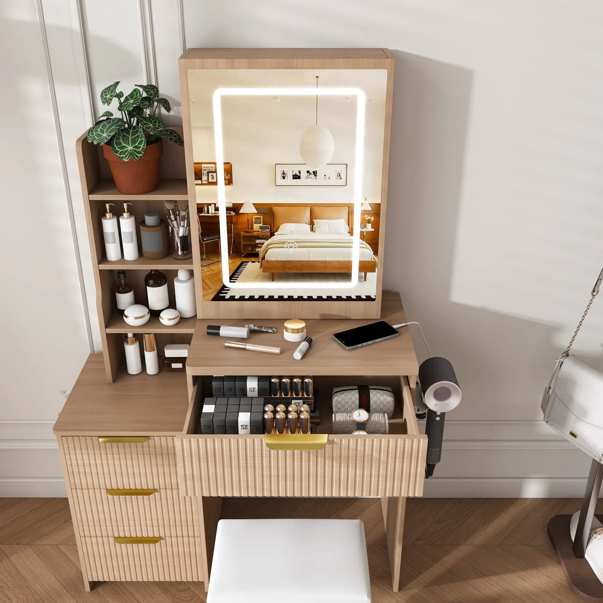 Modern Vanity Desk With 3 LED Lighting Modes, 4 Drawers by HouseOfZazla
