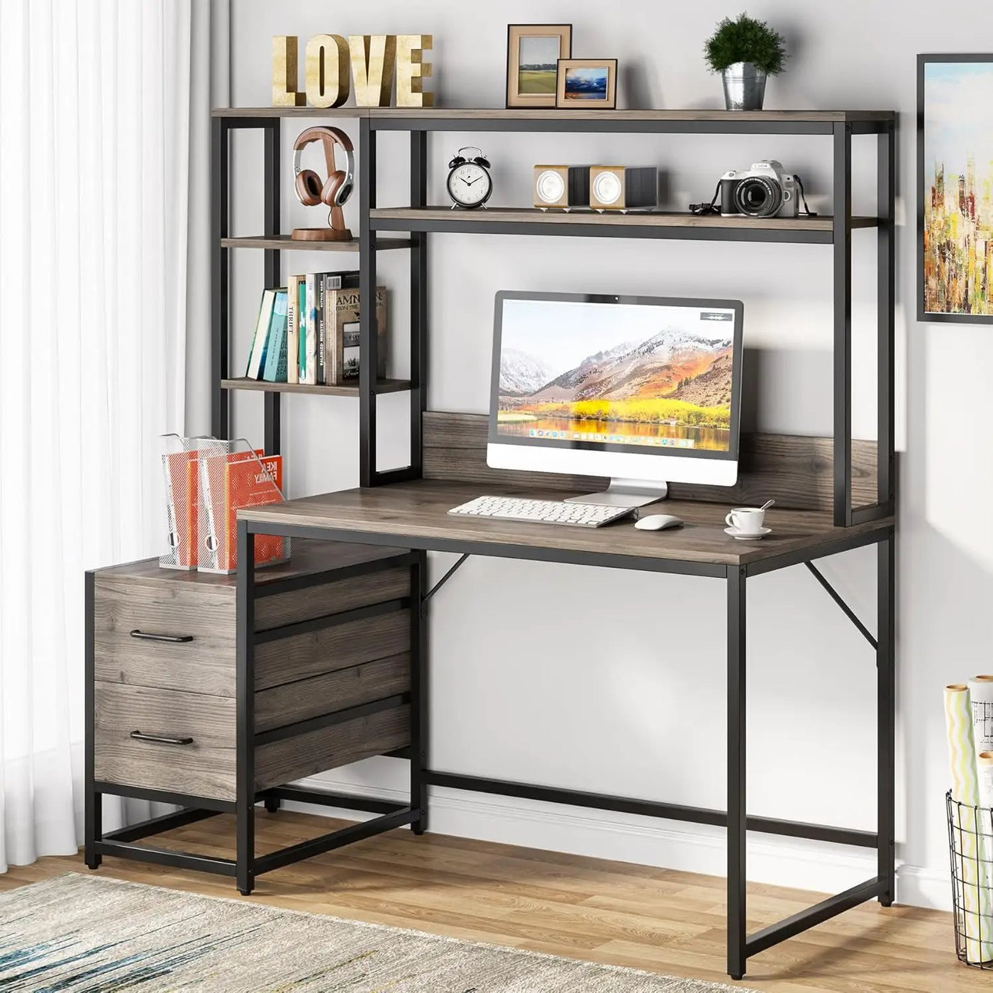 Computer Desk With Hutch, 2 Drawers & Open Shelves by HouseOfZazla