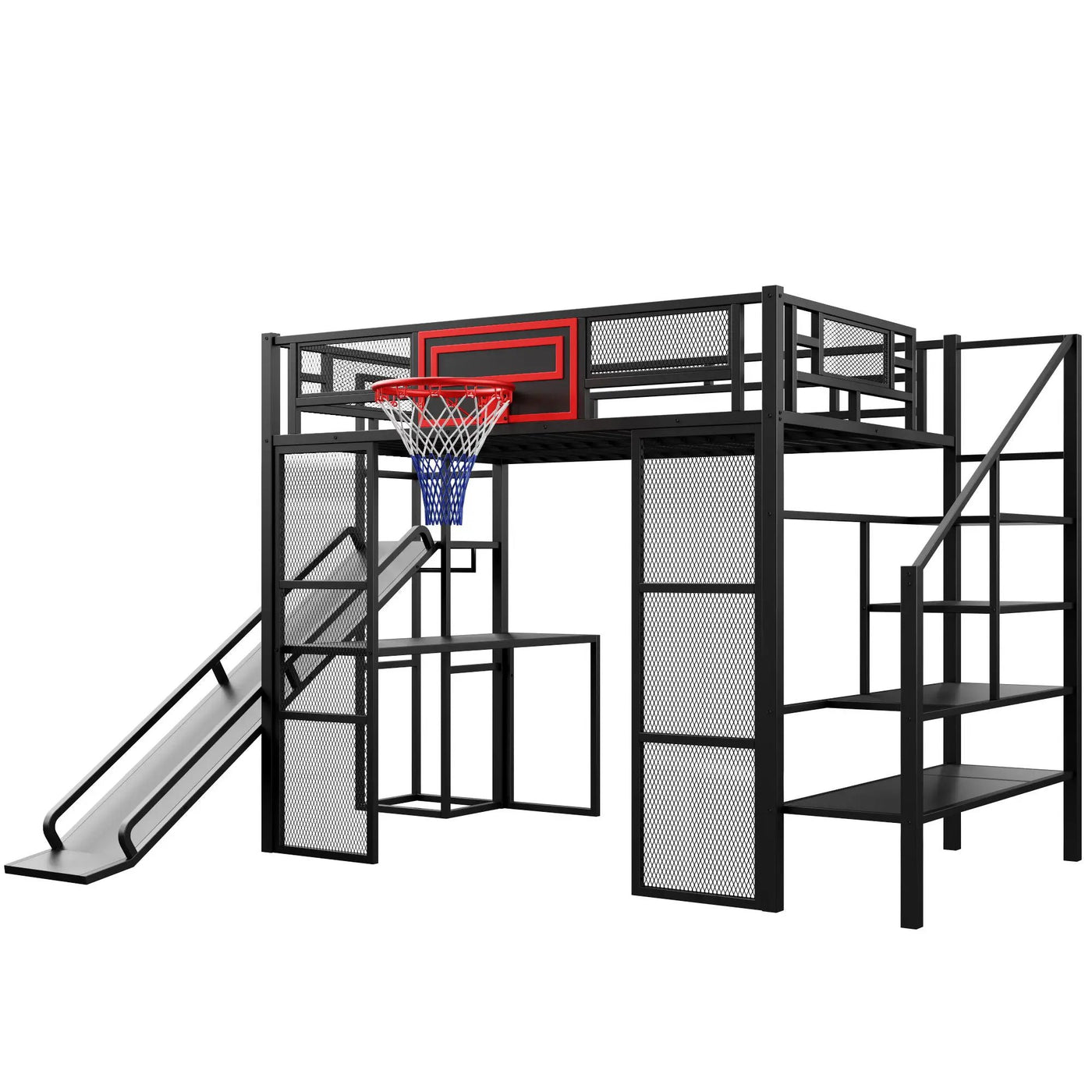 Loft Bed With Built In Desk, Open Wardrobe, Basketball Hoop, Slide And Staircase by HouseOfZazla